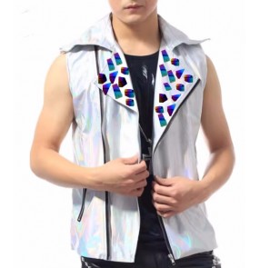 Men's youth jazz dance rainbow lens glitter  jazz dance waistcost gogo dancers singer dj ds nightclub performance silver pu leather vest for man